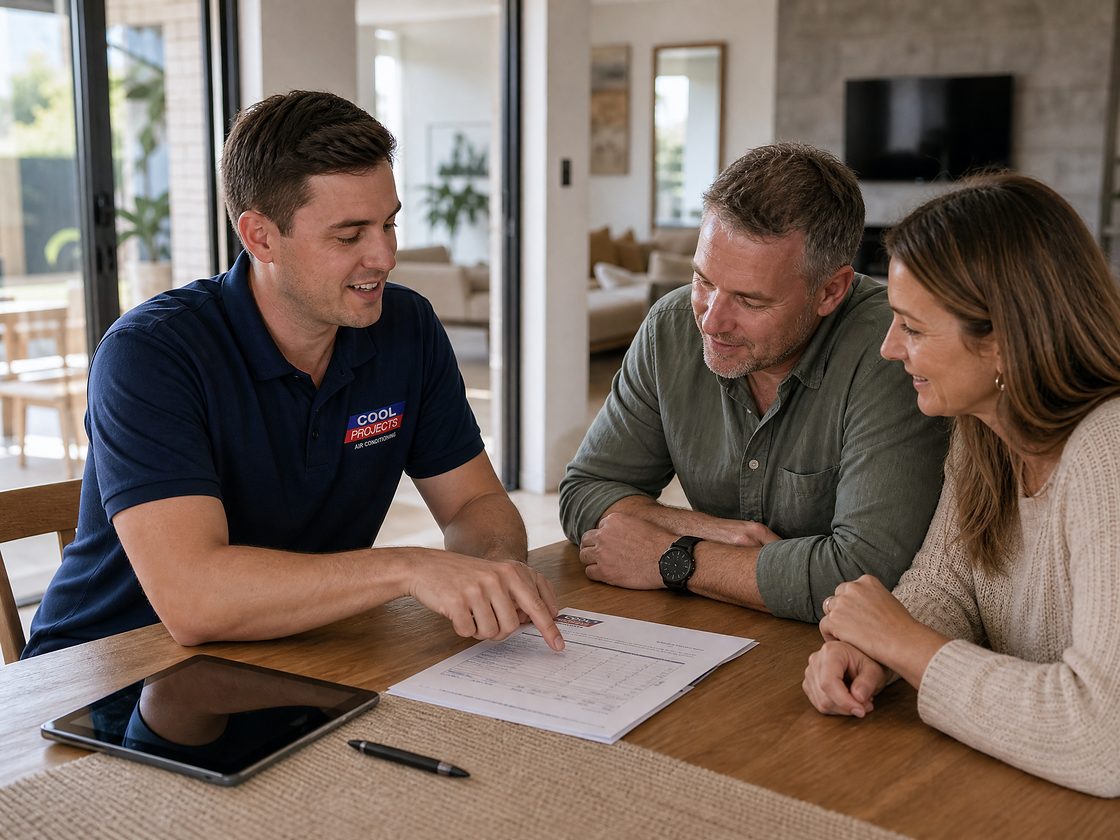A Cool Projects technician going through an itemised quote with customers at their dining table