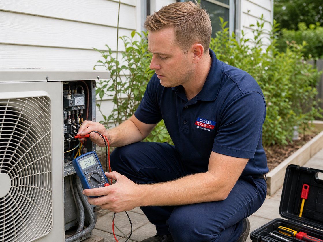 A Cool Projects technician testing an outdoor unit with a multimeter