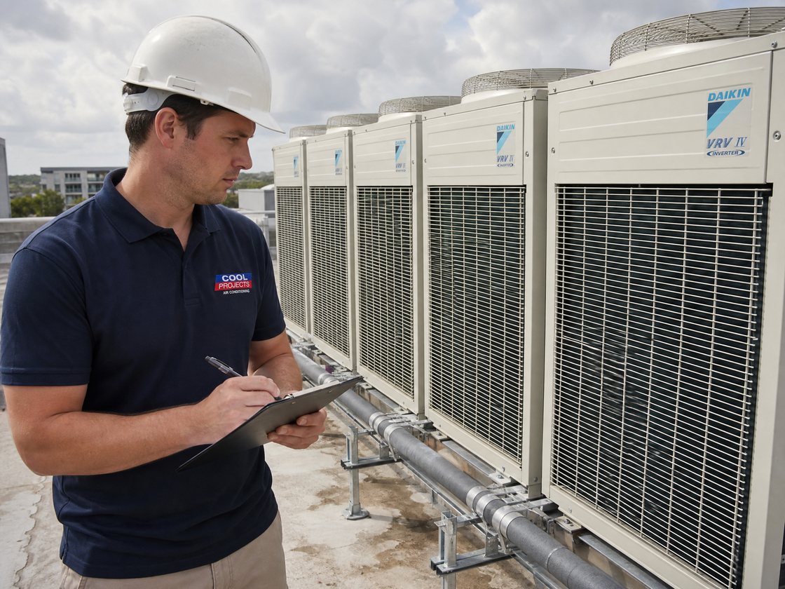 A Cool Projects engineer inspecting a bank of rooftop Daikin condenser units